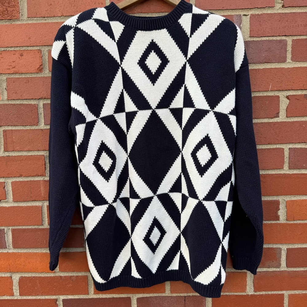 Liz & Co Navy White Geometric Oversize Sweater Shoulder Pads Vintage Australia S